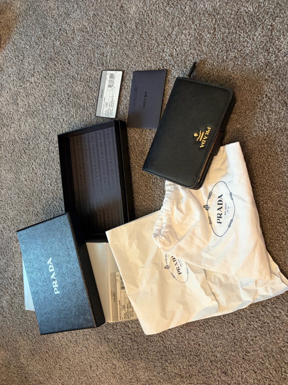 Prada Black Saffiano Leather Zip-Around Wallet with Gold Logo